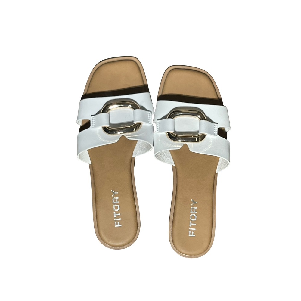 Fitory Womens White Faux Leather Buckle Slide Sandals Square Toe Flat  Size 9